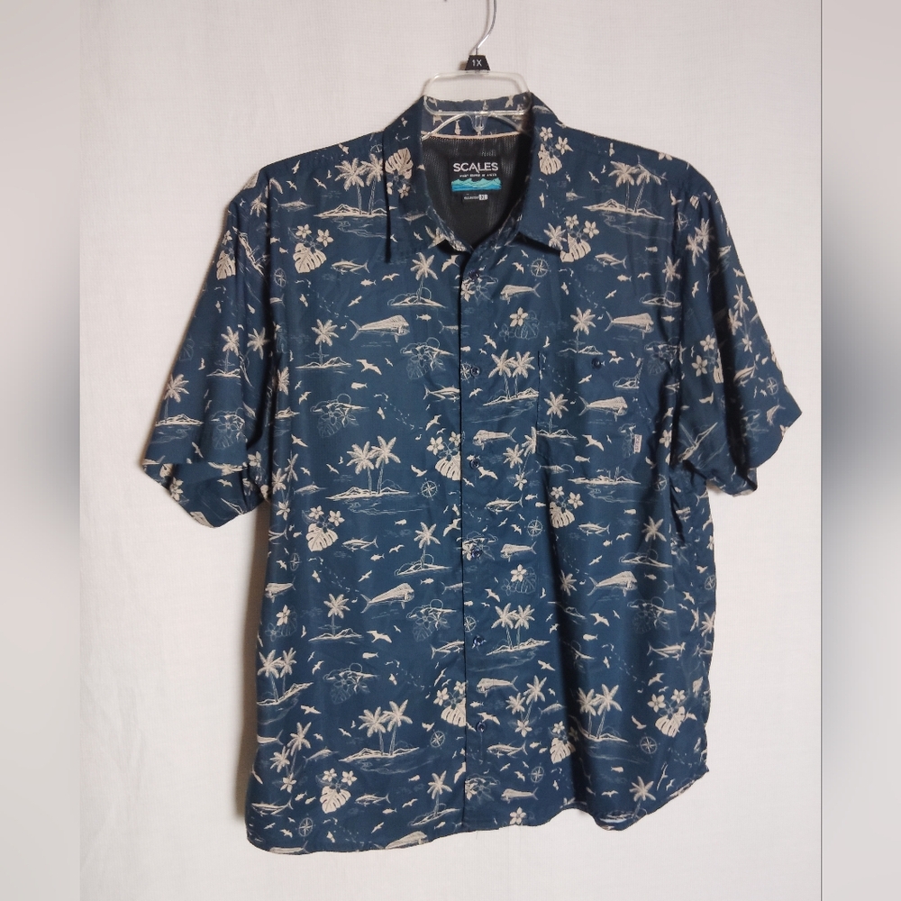 Scales Gear Never A Tourist Men's Vented Button Down Shirt Blue Tan Size XL